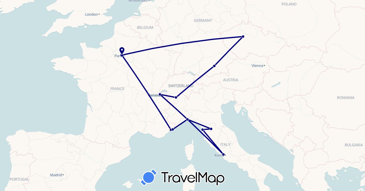 TravelMap itinerary: driving in Switzerland, Czech Republic, Germany, France, Italy, Monaco (Europe)
